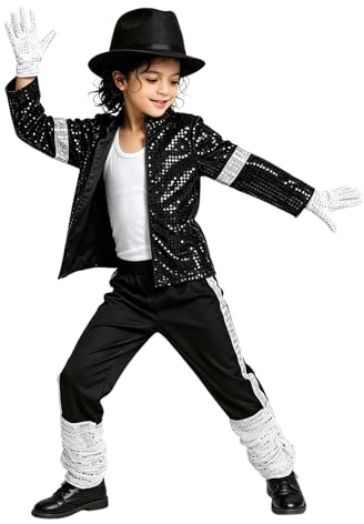 Disfraz Rey de la Pop Garcon 80-90 Chaqueta y Pantalones de Lentejuelas Años con Sombrero Gafas Guantes para Halloween Carnaval Cosplay Espectáculo Niño 5-14 Edad, El negro-b, 9-11 ans
