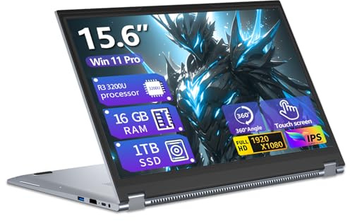 15,6 Pulgadas Ordenador Portátil 2 en 1 Pantalla Táctil, Win 11 PC Portátil con Ryzen 3 3200U procesador, Laptop 16GB RAM 1TB SSD, Computadora Portátil 360° Pantalla Táctil 1080P FHD IPS Type-C RJ45