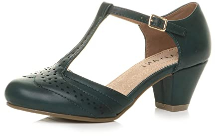 Womens Ladies mid Block Heel t-bar Cut Out Buckle Brogue Shoes Sandals, Dark Teal Green Matte, 6 UK