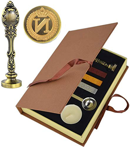 Hexint Vintage initialer bokstav vax sigill stämpel kit, retro klassisk tätning vax stämpel med metallhandtag presentförpackning set bronsfärg (senare N)
