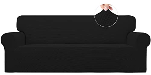 Easy-Going Stretch Sofa Slipcover 1-Piece Sofa Cover Furniture Protector Couch Soft with Elastic Bottom for Kids, Polyester Spandex Jacquard Fabric Small Checks (Sofa, Black)