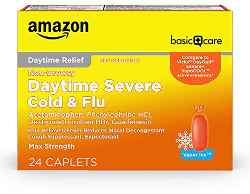 Amazon Basic Care Daytime Severe Cold & Flu Relief Caplets, Multi-Symptom Relief for Headache, Fever, Sore Throat, Chest & Nasal Congestion, Vapor Ice, 24 Count