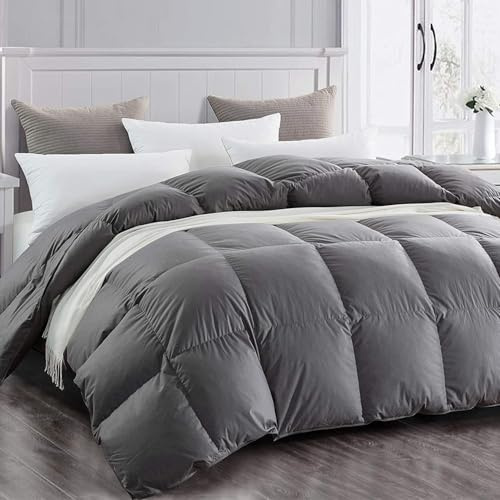 Topllen Down Feather Comforter Queen Size, All Season Duvet Insert, 100% Cotton Shell, Soft and Breathable Bedding with 8 Corner Tabs (90 x 90, Grey)