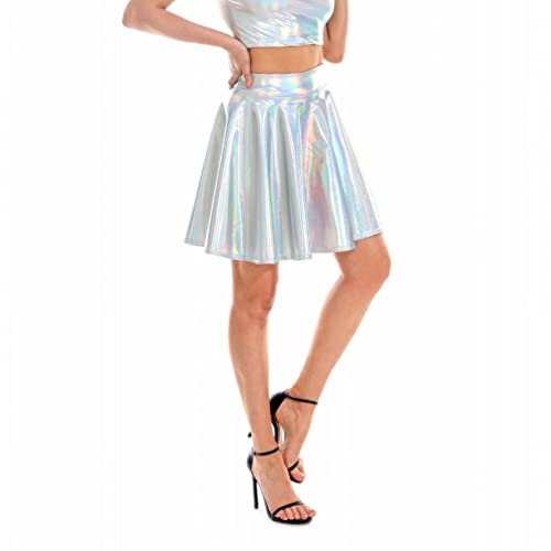 JZK Größe L großer Rock silberglänzender Damen-Skaterrock, futuristischer Metallic-Kurzrock für Mädchen, Minirock für Crossdresser, hübsches Anime-Soldat-Kostüm für Halloween-Cosplay