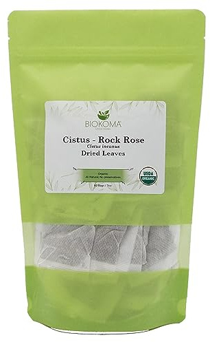 Pure and Organic Biokoma Cistus Rock Rose (Cistus incanus) Feuilles séchées 60 sachets de thé 85 g dans une pochette refermable étanche à l'humidité