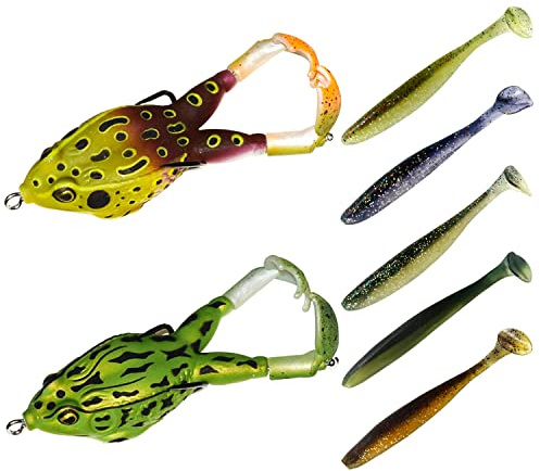 2 frog lures, fishing lures, artificial frog fishing lures, 9cm soft bait silicone fishing lures, with hooks, double propeller frogs, mixed fishing bait set, with 5 artificial lures