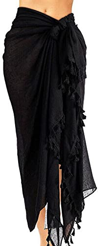 MeeQee Women Beach Pareos Sarong Bikini Cover Ups Beachwear Long Swimsuit Cover Up Tassel Beach Dress for Women Bathing Wrap Skirt Black