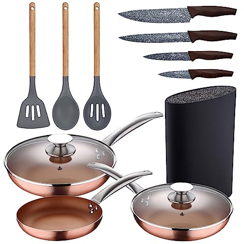 Set 5pc sartenes 20,24,28 cm (con tapa) aluminio prensado inducción con Set 3pc utensilios de cocina silicona madera con Set 4pc cuchillos acero inoxidable con T