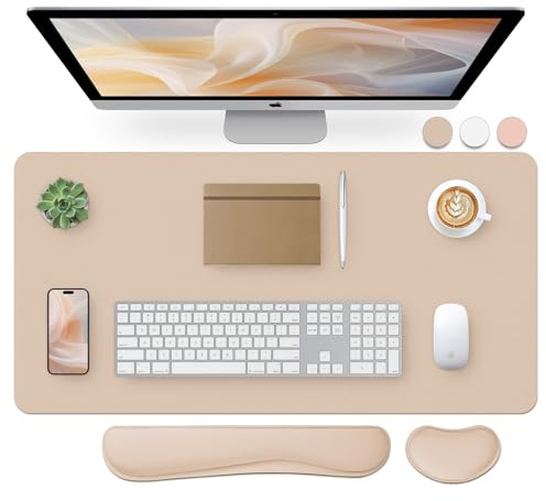 Bloss Leather Desk Pad and Keyboard Wrist Rest, Large Mouse Pad + Keyboard Pad+Mouse Wrist Support, Non-Slip Desk Mat Protector for Office, Home(31.5×15.7 Inches,Beige)