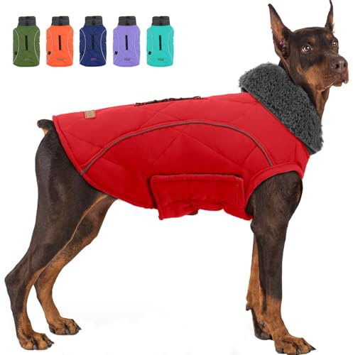 EMUST Dog Coats Winter, Thick Dog Clothes for Medium Dogs Boy, Coats for Dogs Winter with Harness Hole, Dog Coats for Cold Weather, Red, M