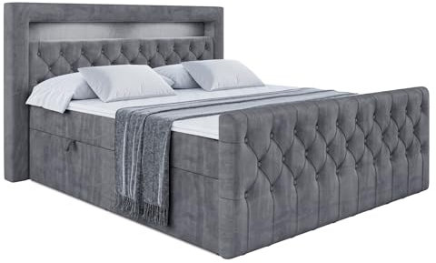 ALTDECOR Boxspringbett mit Matratze und Lattenrost, LED Boxbett, Topper, Fußteil, Polsterbett mit Bettkasten, Bett mit Stauraum H4-Matratze, Doppelbett - Aurora - 180x200 - Dunkelgrau Samt