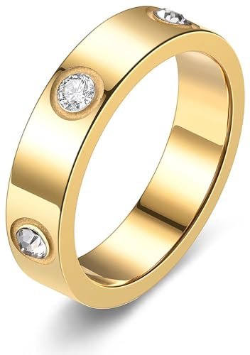 Tidefire Stainless Steel Love Friendship Ring for Men Women Titanium Steel with Cubic Zirconia (Gold 5-7)