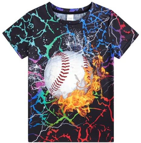 Enlifety 6-8t Boys Baseball T-Shirts Fire Water 3D Printed Colorful Short Sleeve Shirt for Little Kids Back to School Gift