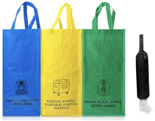 KALENDIA Kompaktes & wirtschaftliches Mülltrennsystem – 3 Recycling-Taschen (25L) mit Tragegriffen, inkl. Aufbewahrungstasche für Plastiktüten – Abfall & Recycling Behälter für kleine Räume, 3 Fächer