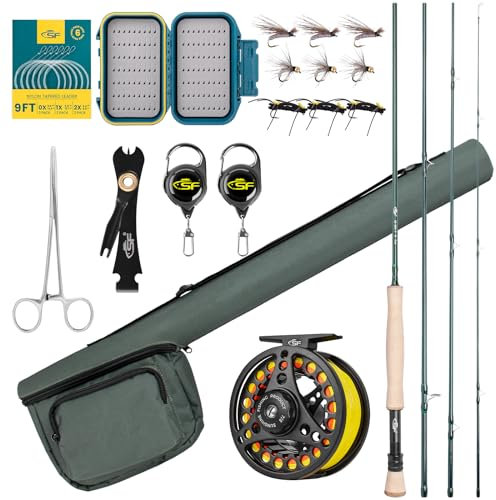 SF Fliegenruten-Kombi-Starter-Set, 4-teilig, 7 WT, 9 FT, Smaragdgrün, 24 Zähne, Karbonfaser, Forellen-Fliegenrute mit Rolle, Rutenetui, Fliegenbox mit Fliegen, konisches Vorfach, Knotenbindewerkzeuge