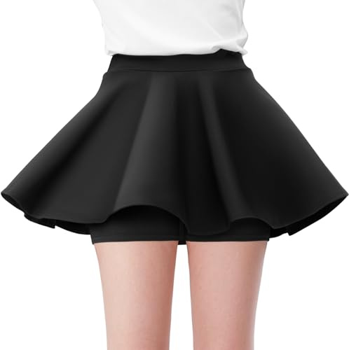 Comfyouth Girls High Waisted Skater Skirt with Shorts Mini Flare Pleated Skirt Stretchy Casual Skorts Kids 5-13 Years for School Cheerleader Sports Party Black