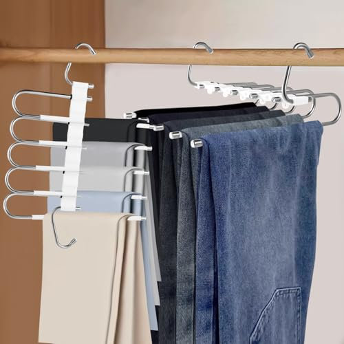Grucce Pantaloni - 2 Pezzi Acciaio inox Grucce Salvaspazio 5 in 1 multifunzione antiscivolo Grucce Salvaspazio Stampelle Pantaloni con barra antiscivolo adatti per sciarpe jeans pantaloni (bianchi)