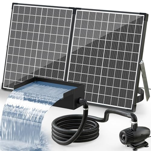 POPOSOAP 55W Solar Fountain Pump with Pond Waterfall Box, 304 Stainless Steel Pond Waterfall Spillway, Pond Spillway with 9.8FT PU Corrugated Tubing for Garden Water Features-P5552