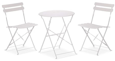 Rebecca Mobili Set Mobili da Balcone, Tavolino Tondo con 2 Seggiole, Bianco, Acciaio, Pieghevole, Adatto per Giardino Patio, Resistente - Misure HxLxP: 71 x 60 x 60 cm - Art. RE7164