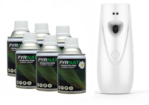Pyrnat Insecticide 6x250ml au Pyrèthre avec Diffuseur Automatique (Blanc) Anti-mouches, Moustiques, Punaise de Lit Efficace contre les insectes volants et rampants.