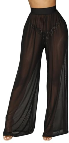 Hybursky Women's See Through Pants Sheer Mesh Summer Trousers High Waisted Loose Fit Casual Wide Leg Beach Pants Bikini Bottom Cover up Sexy Transparent Trousers for Club Party Dailywear | High Waisted Wide Leg Beach Pants Loose Fit Casual Bikini Bottom Cover up Sexy Transparent Trousers for Club Party Dailywear