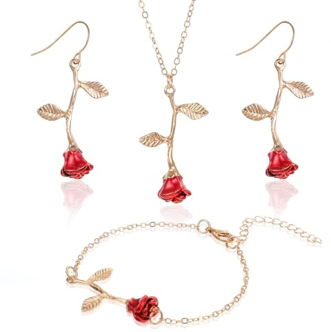 CIATBYYJ Red Rose Jewelry Set, Gold Plated Rose Flower Pendant Necklace, Bracelet & Dangle Earrings for Women,Roses Jewelry for Women's Wedding, Prom, Valentine's Day Gift with Black Box