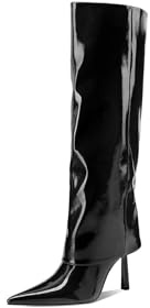 QUEEN HELENA Stivali Alti a Gambale Largo con Tacco a Spillo Casual Donna K3970 (Nero Pu, Sistema Taglie Calzature EU, Adulto, Donna, Numero, Media, 39)