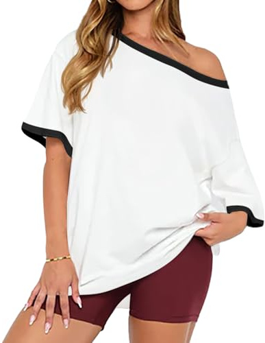 LACOZY Womens Short Sleeve Off-Shoulder Tops Summer Loose Fitting Color Block T-Shirt Blouse Batwing Sleeves Women Tops White S