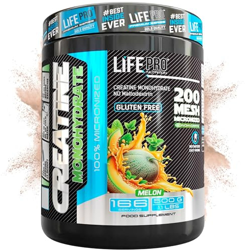 Life Pro Creatina Monohidratada 200 Mesh Micronizada, Creatina Polvo con 99.9% Pureza, Aumenta Resistencia y Fuerza, Absorción Rápida, Entrenamiento y Rendimiento Deportivo (500g, Melón)