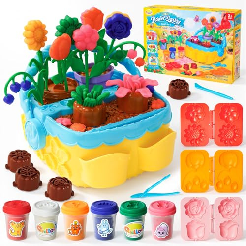 Flower Garden Play Color Dough Set for Kids 3-6, 3-in-1 Modelling Clay Kit with Basket, Moulds & Tools, DIY Potted Plant & Rose Maker Toy, Gift for Boys and Girls