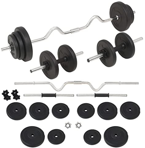 Juego de pesas de 30 kg con barra SZ y mancuernas – Juego de entrenamiento de fuerza para el hogar – Juego de levantamiento de pesas con discos de cemento