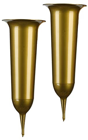 Tymar Lot de 2 vases funéraires avec Piquet - Décoration funéraire - en Plastique (Doré, ø 10 cm)