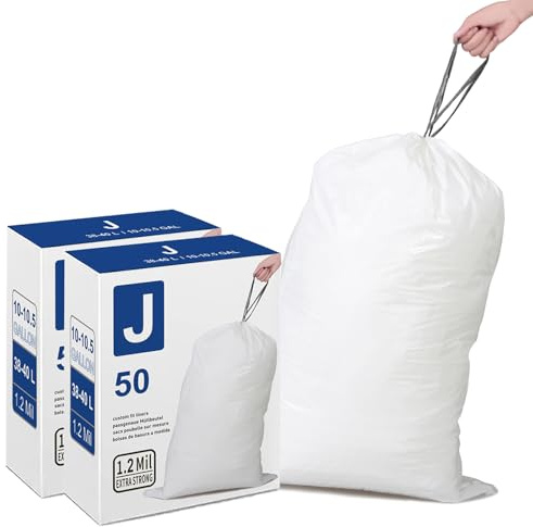 8-12 Gallon Code J Heavy Duty 1.2 Mil THICK Drawstring Plastic Trash Bags Compatible with simple Code J White Garbage Can Liners Leak-Proof & Tear Resistant 2 Packs(100 Count Total)