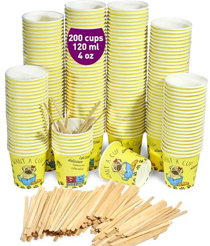 GoBeTree 200 gobelets à café jetables en carton 120 ml, gobelets jetables en carton avec agitateurs à café en bois. Pour les boissons chaudes et froides.