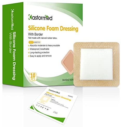 Silicone Adhesive Foam Dressing with Gentle Border 3''x3'' 10 Pack, High Absorbency Foam Wound Bandage for Bed Sore Leg Ulcer Foot Diabetic Ulcer by Kastormed