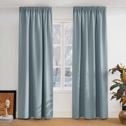 PONY DANCE Set of 2 Opaque Curtains with Wrinkle Tape H 245 x W 140 cm for Living Room Opaque Blackout Thermal Cold Protection Grey Blue