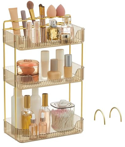 SONGMICS Organizer Trucchi a 3 Livelli, Porta Cosmetici, 2 Accessori Opzionali, Rettangolare, Separabile, Portagioielli, per Toeletta, Idea Regalo, Oro Champagne JKA013A01