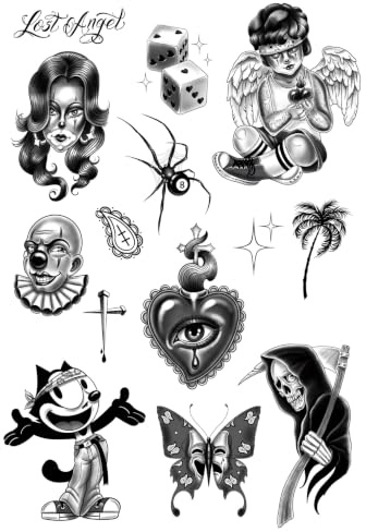 Tatsy Chicano Set, Tillfälliga Tatueringar för Dam och Herr, Realistiska Chicano- och Lowrider-motiv med Ängel, Hjärta, Spindel och Clown, Original Body Art för Fester och Evenemang