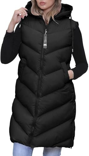 RMK Longweste Damen Steppweste Lang Weste Mantel Ärmellos Jacke Outdoor Warm Winter mit Kapuze We.801 Schwarz (44/46) XXL