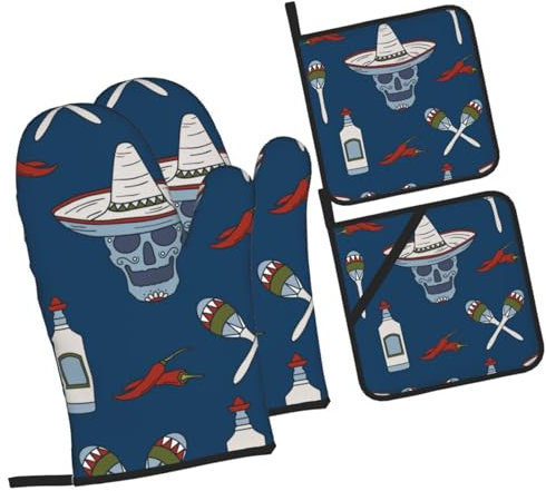 Juego De Manoplas Y Agarraderas, Simbolos Mexicanos Guantes Lavables Guantes De Cocina Resistentes Agarraderas De Cocina para Cocina Horno Hornear