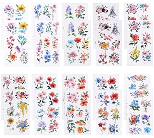 Tinoaly 138st/20 Ark Vildblommor Temporära Tatueringar, Realistiska Blomster-Tatuering-Klistermärken Långvariga för Kvinnor Flickor Vuxna Vår & Sommarfestdekoration Klassrumsbelöningar