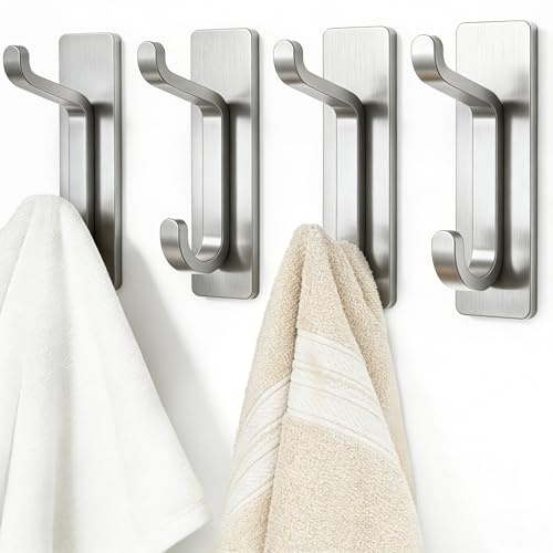 Josmimic Portasciugamani senza foratura: ganci adesivi extra resistenti da 6 kg, ganci da parete autoadesivi per bagno, ganci per asciugamani e appendiabiti, set da 4, argento