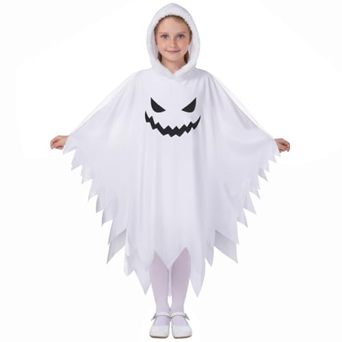 JIAWWAN Déguisement Fantôme Halloween Enfant, Costume de Fantômes Enfant, Cape Ghost d'Halloween Blanche avec Chapeau, Deguisement Fantome Blanc pour Halloween Carnaval Cosplay Party (S, 4-6 Jahre)