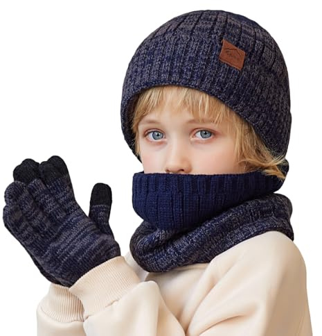 MAZELIKEHOOD Boys Winter Scarf Gloves Hat Set Soft Knit Thick Warm Accessories Sets for Girls Kids for Children 4-10 Years