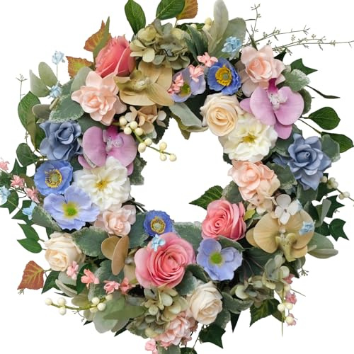 CIR OASES 22 Inch Summer Wreath for Front Door, Colorful Artificial Flower Wreath with Rose & Hydrangea, Year-Round Farmhouse Wreaths for Home Wall Porch Decor Wedding Party Festive Decor