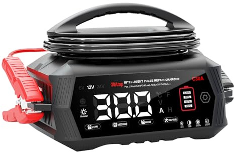 30 A bilbatteriladdare – Haisito 6 V/12 V/24 V laddare och hållare för AGM, Gel, SLA, EFB & LiFePO4 – automatisk 9-stegs laddare med LCD-display för bil, motorcykel