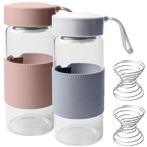 Leikurvo Piccola bottiglia per shaker, in vetro borosilicato da 480 ml, shakers per proteine, senza BPA, set di sfere agitanti con custodia in silicone per fitness e bevande proteiche (blu + rosa)