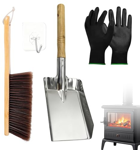 Kit Utensilios Chimenea 4 Piezas, Juego de Accesorios para Chimenea, Accesorios para chimeneas, Pala para Cenizas con Mango de Madera, Utensilios Modernos para Estufas, Juego de Herramientas, Negro