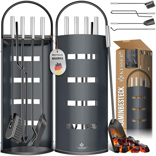 KESSER® Accesorios para chimenea Juego de utensilios para chimenea de 5 piezas | Diseño moderno, recubierto, juego de herramientas para chimenea de alta calidad de 5 piezas: escoba, pala, atizador