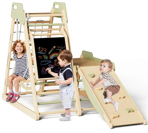 Aire de Jeux Intérieure enfant en bois 12 en 1 Montessori Ensemble Structure jeux avec Toboggan, escalade, Mur d'Escalade, Balançoire, Gymnase, Filet à Grimper & Anneaux, plateforme multifonction